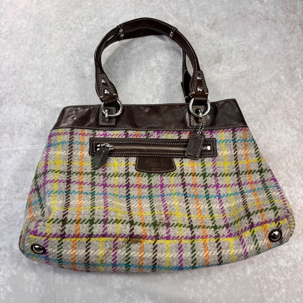 Coach Plaid Wool Leather Satchel Handbag Multicolor Brown Y2K Legacy
